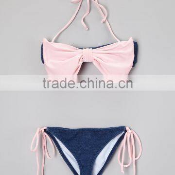 Newest Girl Swimsuit With Pink And Navy Bow Bandeau Bikini Girl Beachwear Girls Clothes G-NP-TR905-328