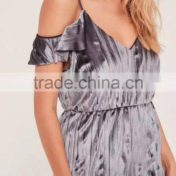 2017 Summer Sexy Pleated Velvet Frill Cold Shoulder Sleeve Womens Playsuit photo-2