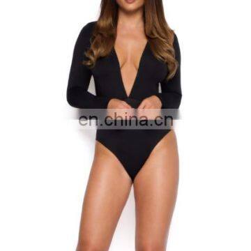 Mika72303 2017Wholesale fitness clothing wholesale women show down V Neck bodysuit in black