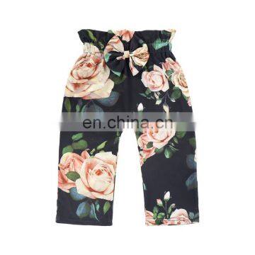 Girl Kids Navy Floral Print High Elastic Waist Pant With Bow Casual Trouser