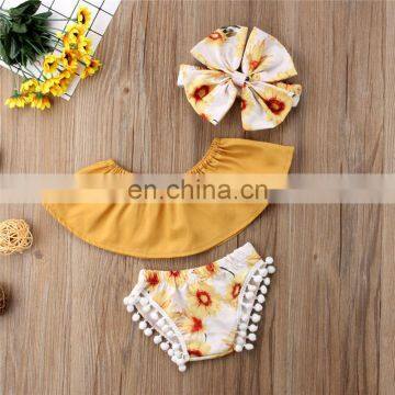 New Arrival Baby Children Clothes Sets Sleeveless Bandeau Sling Top + Sunflower Print Shorts + Hair Strap Set photo-3
