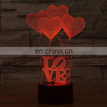 Love & Heart 3D Night Light LED Illusion Lamp 7 Color Changing Lights with Acrylic Flat & ABS Base & USB Cable