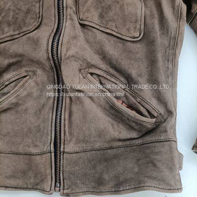 Men's Washed Distressed Retro Vintage Sheepskin Leather Suede JACKET photo-3