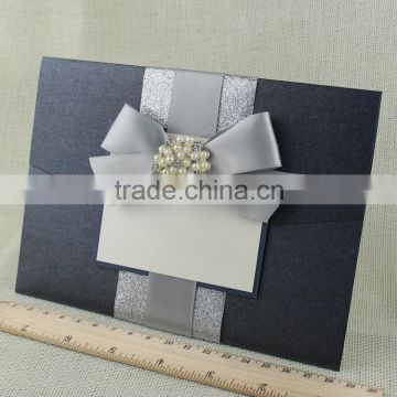 Hot sale personalized black letterpress lace wedding invitations with white laces & blue ribbons & ivory starfish                        
                                                Quality Choice