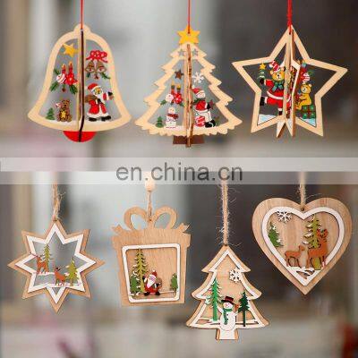 New Year 2023 1PC 2D 3D Christmas Ornament Wooden Hanging Pendants Star Xmas Tree Bell Christmas Decorations For Home Navidad