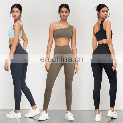 Scalloped High Waist New Arrival Yoga Leggings One Shoulder Straps Sports Bras Gym Fitness Sets 80nylon 20spandex