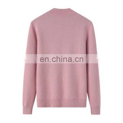 Plus Size 100% Goat Cashmere Knit Pullover Half High Collar Casual Winter Pure Cashmere Sweater With Crew Neck Logo on Front