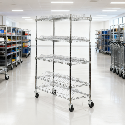 ESD Flat Storage Racks Chrome-Plated Mesh Shelving Cart Four-Wheel ESD Push Cart OEM Reel Storage Trolley 1200*600*1800mm photo-2