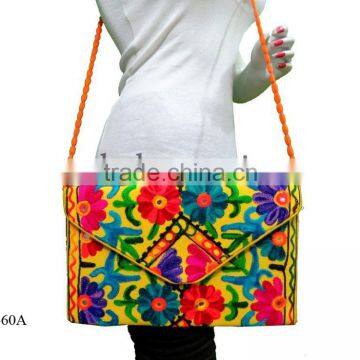 Floral design embroidered Mexican baja bridal clutch, bohemian tribal ethnic purse tote hobo bags