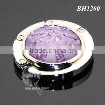 Purple Crystal Diamonds Round Shaped Zinc Alloy Silver Plated Metal Folding Wholesale Handbag Holder photo-2