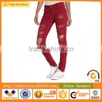 Yarn Dyed Fabric Heavy Rips Twill Cotton Skinny Jeans Wholesale Price For Women