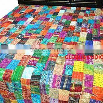 Indian Handmade Quilt Twin Kantha Bedspread Cotton Multicolor Patch Work Blanket Jaipur