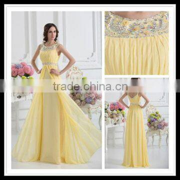 Real Sample Bateau A-line Floor Length Empire Beaded Sash Yellow Pleated Prom Dresses xyy07-038