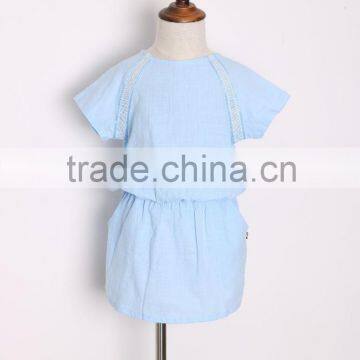Sky Blue Color Summer Girls Set Unique Button Design Dress High Quality for Children