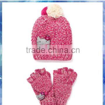 pink and cream kitty knit hat and glove /girls winter hats and gloves /girls gloves with flip top