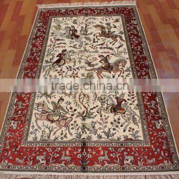 red color hunting scene design persian handmade silk carpet rugs wall hanging tapestry