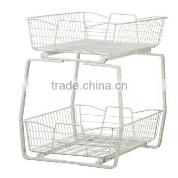 2 Tiers White Wire Under Cabinet Sliding Basket