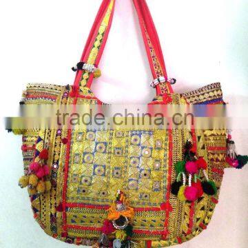 Vintage Banjara Bag Indian Gypsy handmade mirror work multi color cotton tote