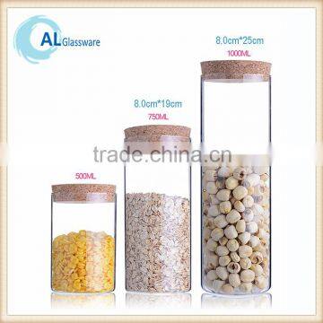cheap tall airtight borosilicate storage glass canister jar with cork lid