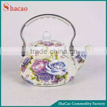 Blue Rose Flower Decal Printing Enamel Tea Pot Kettle