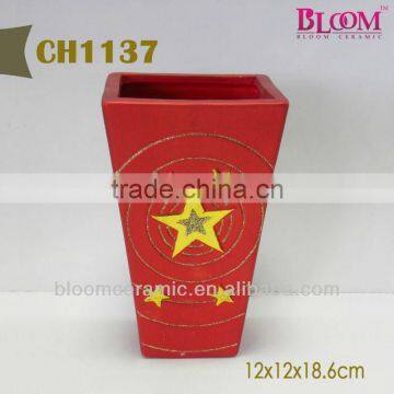 Christmas ceramic vase with handprinting for home decoration