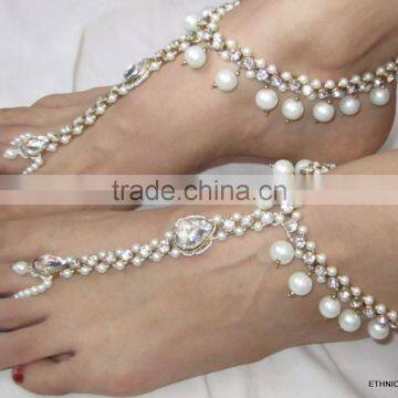 PEARL CRYSTAL Beads Payal ANKLETS Pair Feet Barefoot Sandal Toe Ring photo-5