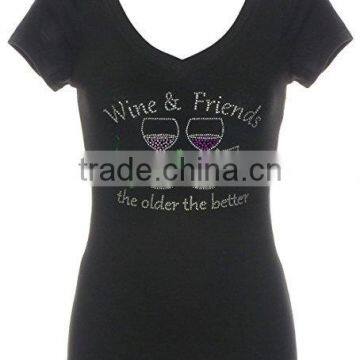 Women's Wine & Friends Rhinestone Bling V-Neck Short Sleeve Shirts Black photo-3
