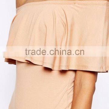 Women Off Shoulder Bodysuit With Ruffle Detail And Thong Plain Flower Hem Sexy Bodysuit photo-4