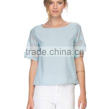 Lace sleeve woven womens tee shirts