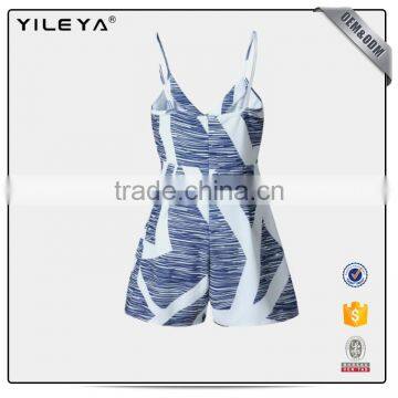 Fashion Design Pinstripe Spaghetti Strap V Neck Jumpsuit Button Front Tie Waist Short Romper photo-4