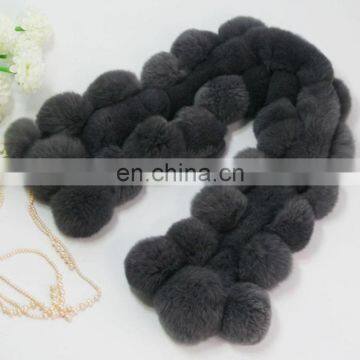 100% real rex rabbit fur collar scarf winter fur pom pom scarf for warm