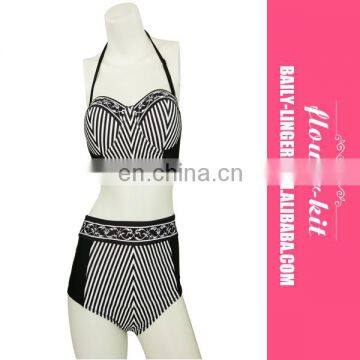 Striped Halter Top High Waist Bottom Swimwear