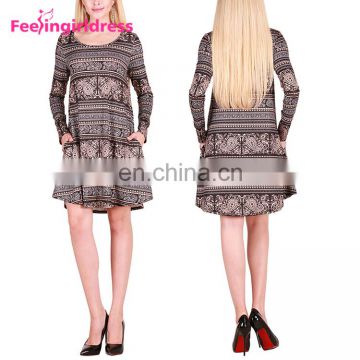 Stylish Black Print Flower Long Sleeve Christmas Fashion Party Dress