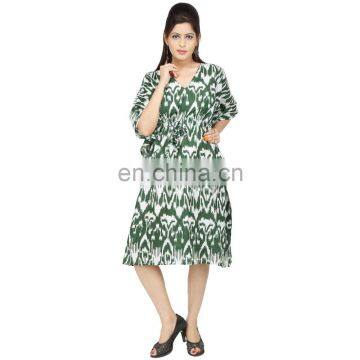 Summer Women's Wear Indian 100%Cotton Green Maxi Dress Kimono Sleeves Knee Length Kaftan