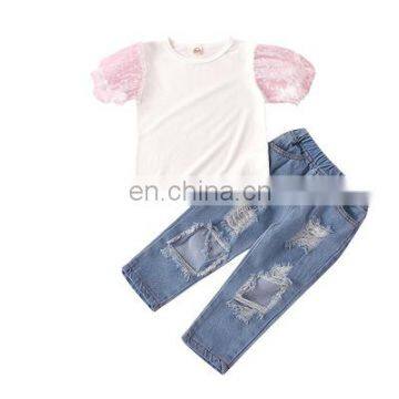 A0251# Children Clothing Girl Puff Sleeveless T-shirt+ Jeans Pants 2Pcs for Kids Clothing Sets Baby Clothes