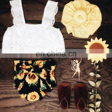 Baby Girls Sunflowers Outfit Summer Toddler white lace tops & Shorts 2pcs Set for 0-3T