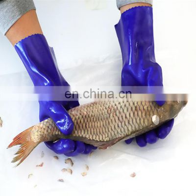 Waterproof Sun Proof UV Protection Cotton Interlock Liner Long Cuff PVC Sandy Coated Anti Slip Industrial Fishing Gloves