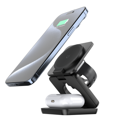 Portable Travel Folding Wireless Magnet Charging Holder 15W Fast Charging Stand 3-in-1 Magnetic Folding Wireless Charging Mount