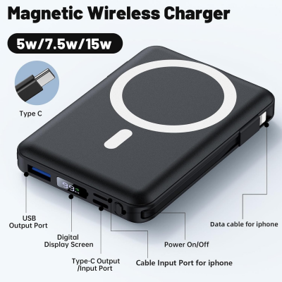Built-in Dual Cables Battery Bank Power Supply Fast Charging Wireless Magnetic Power Bank 10000mah Led Display With Cable