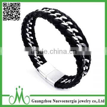 New Charm Genuine PU Leather Stainless Steel Chain Mens Fashion Braided Cuff Bangle Bracelet