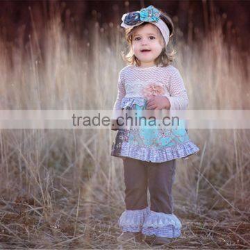 Wholesale Long Sleeve Chevron Floral Dress Matching Lace Ruffle Pants Baby Girls Clothing Sets photo-2