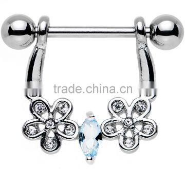 Steel Barbell Gem Flowers Nipple Shield