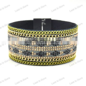 gold chain leather bangle magnetic bracelet with crystal bead