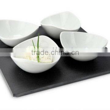 Ceramic Dishes On Natural Black Slate Plate