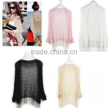 Tassel Fringe Sun-Protective Hand Knited Shawls Capes With Sleeves (LCHJK2)