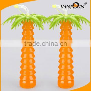 Colored Coconut Tree Shaped PET Plastic Cup with Straw for Drinking