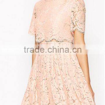 China Guangzhou Clothing OEM Scalloped Edges Round Neckline Crop Top Mesh Insert Midi Women Dress photo-5