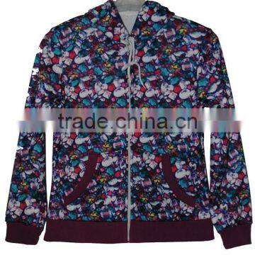 Professional Fleece Wear Manufacturer designs itself full print women's fleece hoody jacket polyester fleece,240g brushed inside