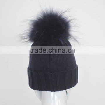 Myfur Navy Knitting Beanie Hat With Stones Real Raccoon Fur Ball Top For Teenager Boys