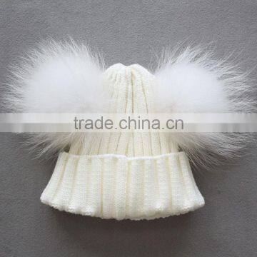 Myfur Genuine White Color Children Knitting Hat with Double Raccoon Fur Balls